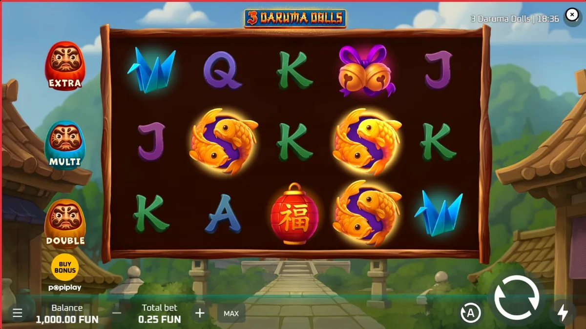 Tampilan visual slot 3 Daruma Dolls dengan latar belakang kuil Jepang dan boneka Daruma.