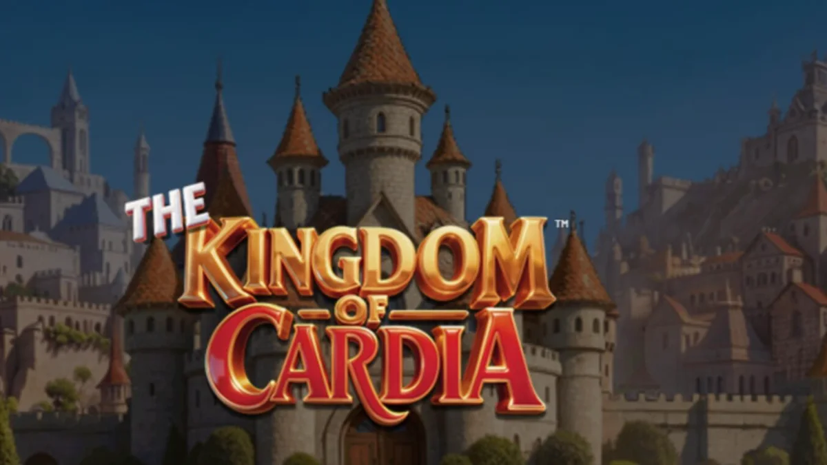 The Kingdom of Cardia slot machine interface featuring whimsical garden and card themes.