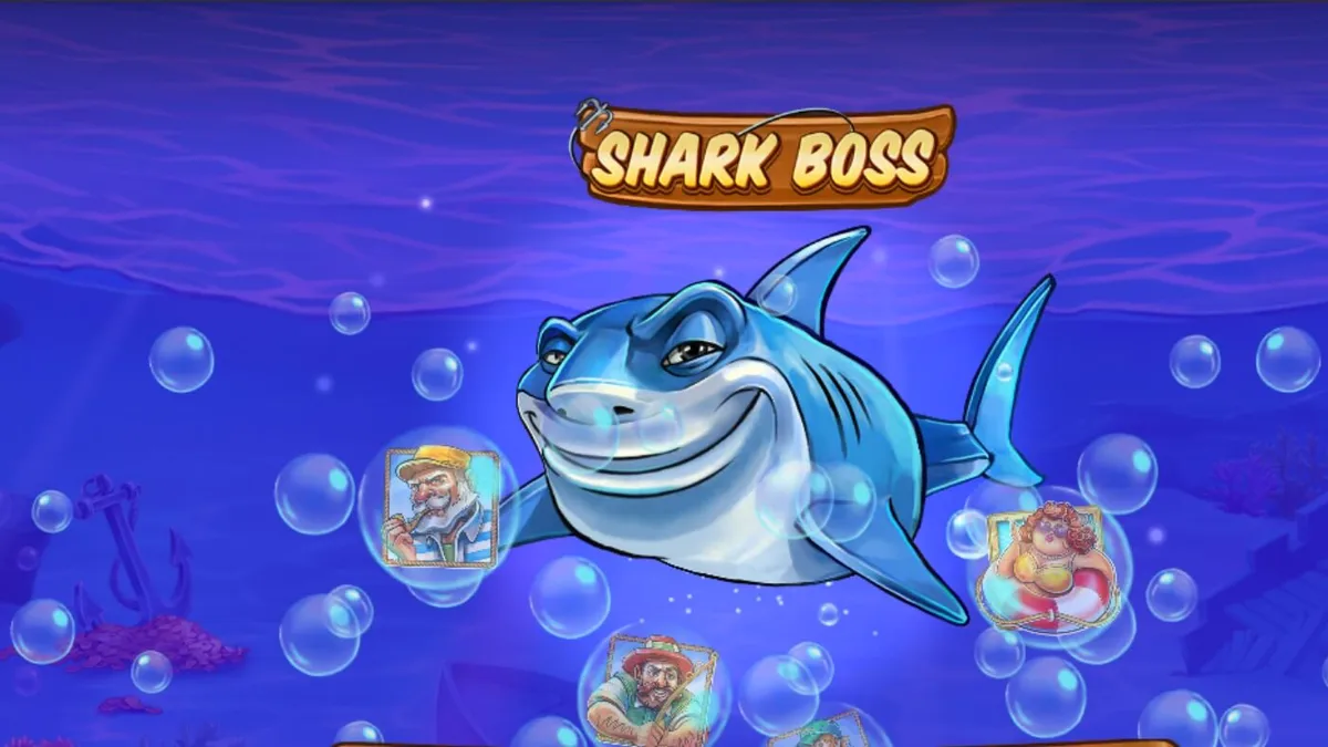 Tampilan layar permainan slot Shark Boss dengan hiu di atas perahu