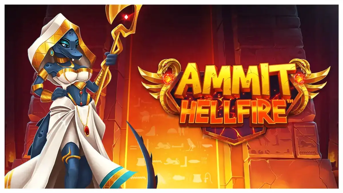 Tampilan visual slot Ammit Hellfire dengan karakter dewi Ammit dan desain grafis Mesir yang penuh warna.
